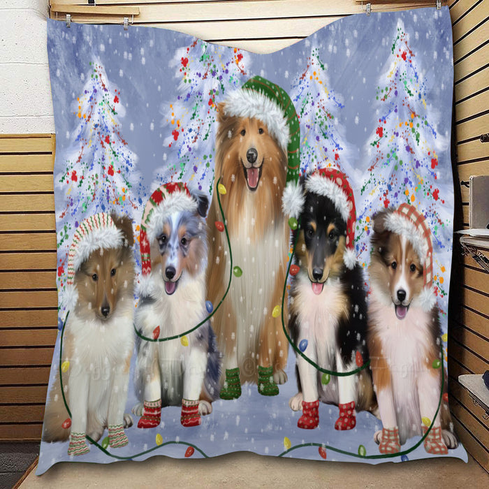 Christmas Lights and Shetland Sheepdogs  Quilt Bed Coverlet Bedspread - Pets Comforter Unique One-side Animal Printing - Soft Lightweight Durable Washable Polyester Quilt