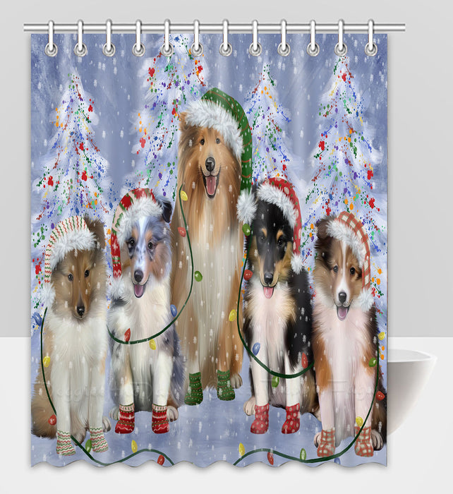 Christmas Lights and Shetland Sheepdogs Shower Curtain Pet Painting Bathtub Curtain Waterproof Polyester One-Side Printing Decor Bath Tub Curtain for Bathroom with Hooks