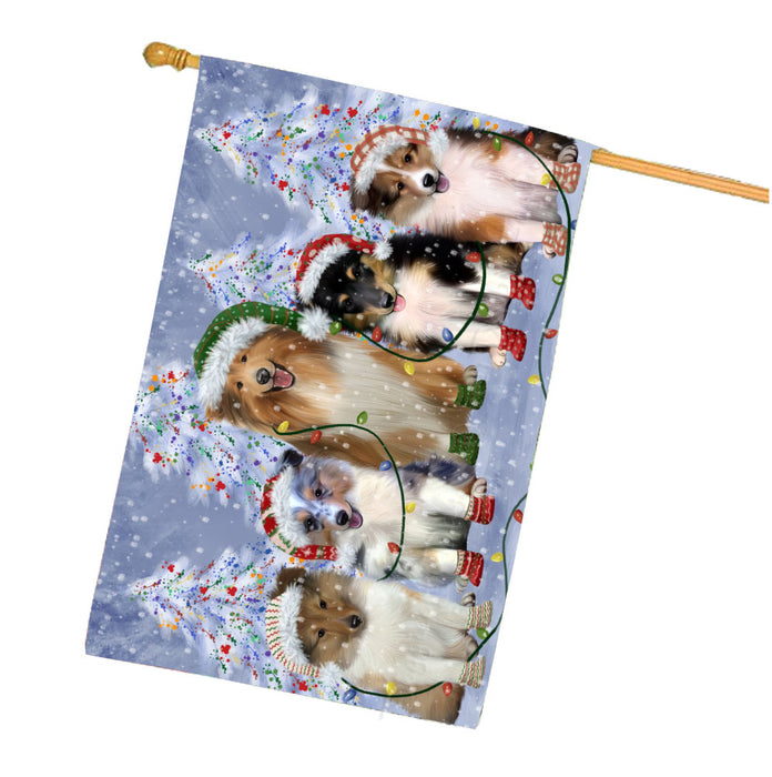 Christmas Lights and Shetland Sheepdogs House Flag Outdoor Decorative Double Sided Pet Portrait Weather Resistant Premium Quality Animal Printed Home Decorative Flags 100% Polyester