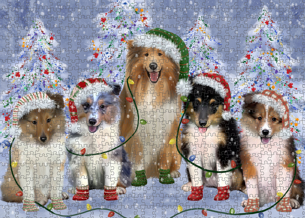 Christmas Lights and Shetland Sheepdogs Portrait Jigsaw Puzzle for Adults Animal Interlocking Puzzle Game Unique Gift for Dog Lover's with Metal Tin Box