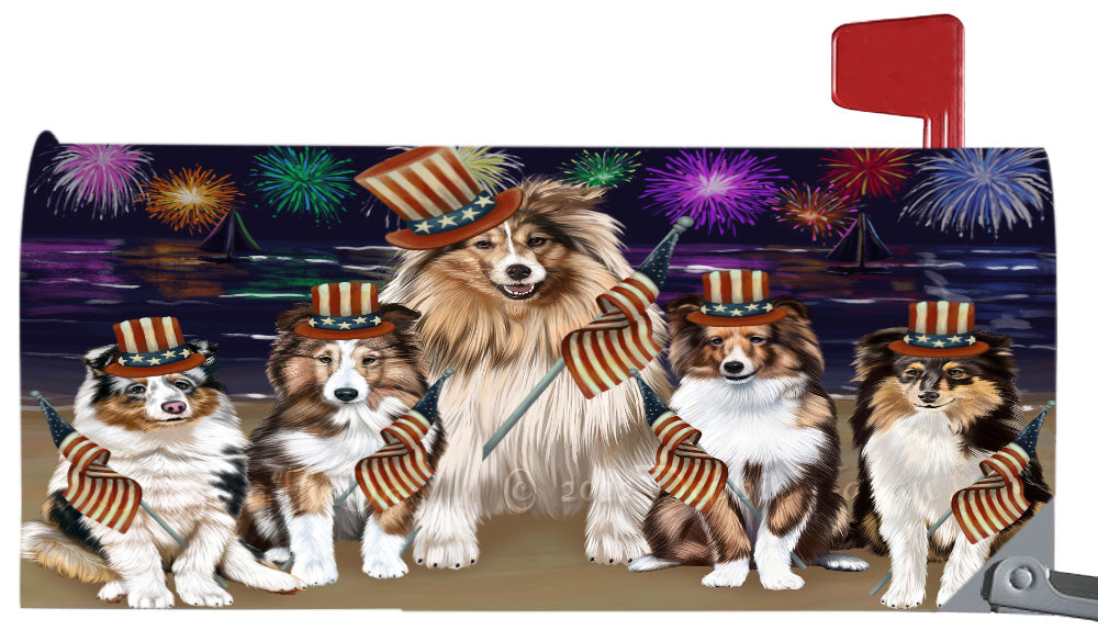 4th of July Independence Day Shetland Sheepdogs Magnetic Mailbox Cover Both Sides Pet Theme Printed Decorative Letter Box Wrap Case Postbox Thick Magnetic Vinyl Material