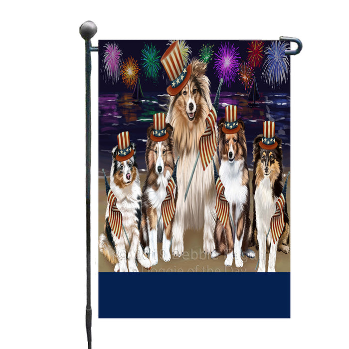 Personalized 4th of July Firework Shetland Sheepdogs Custom Garden Flags GFLG-DOTD-A58079