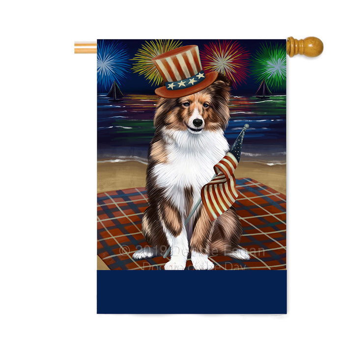 Personalized 4th of July Firework Shetland Sheepdog Custom House Flag FLG-DOTD-A58137
