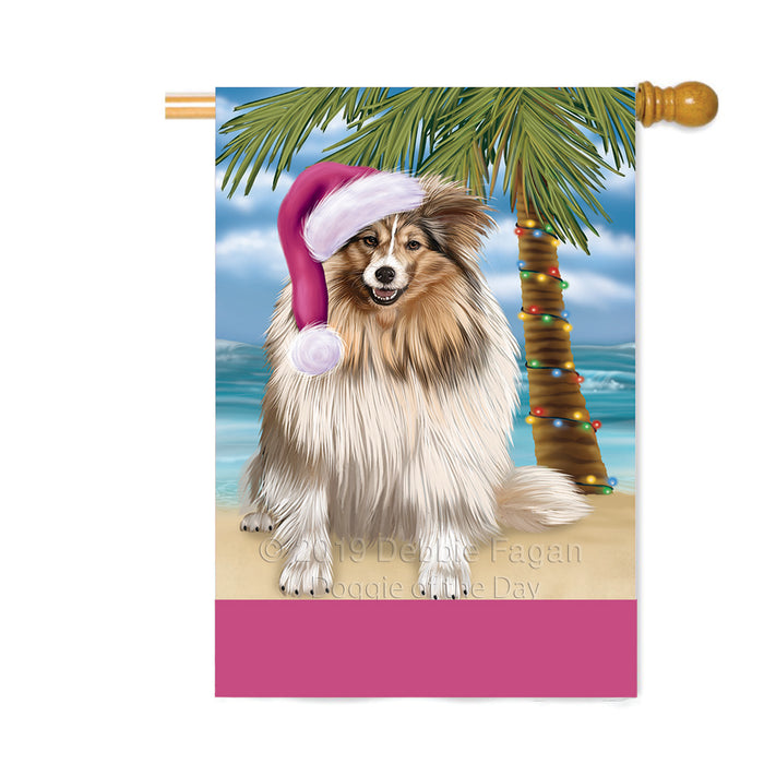 Personalized Summertime Happy Holidays Christmas Shetland Sheepdog on Tropical Island Beach Custom House Flag FLG-DOTD-A60593
