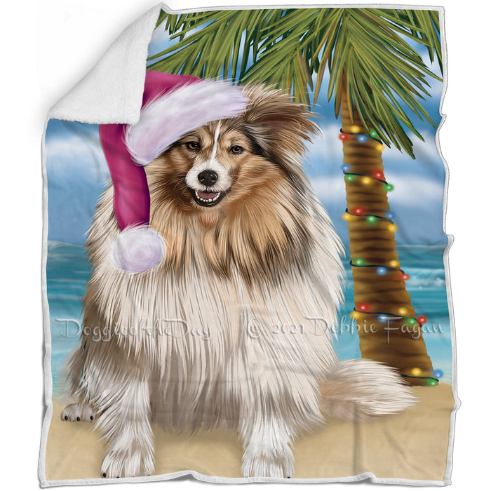 Summertime Happy Holidays Christmas Shetland Sheepdogs Dog on Tropical Island Beach Blanket
