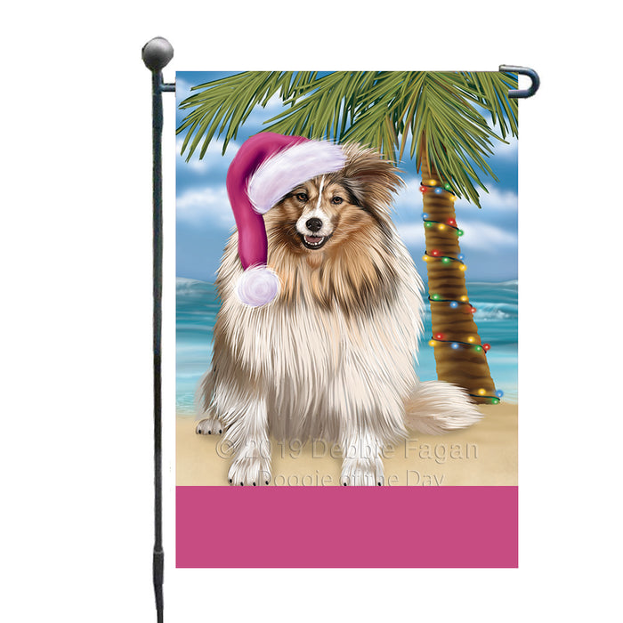 Personalized Summertime Happy Holidays Christmas Shetland Sheepdog on Tropical Island Beach  Custom Garden Flags GFLG-DOTD-A60537