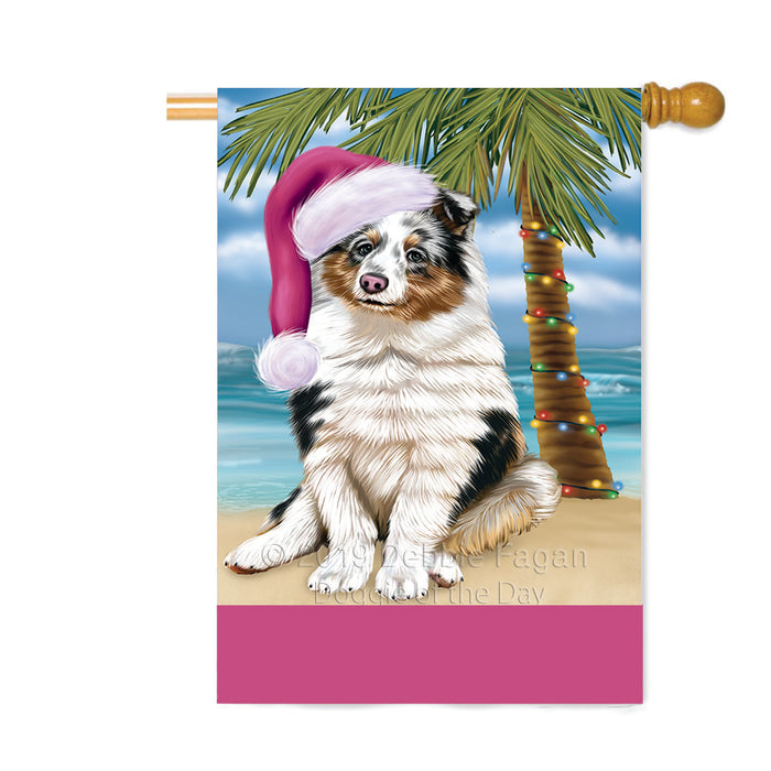 Personalized Summertime Happy Holidays Christmas Shetland Sheepdog on Tropical Island Beach Custom House Flag FLG-DOTD-A60594