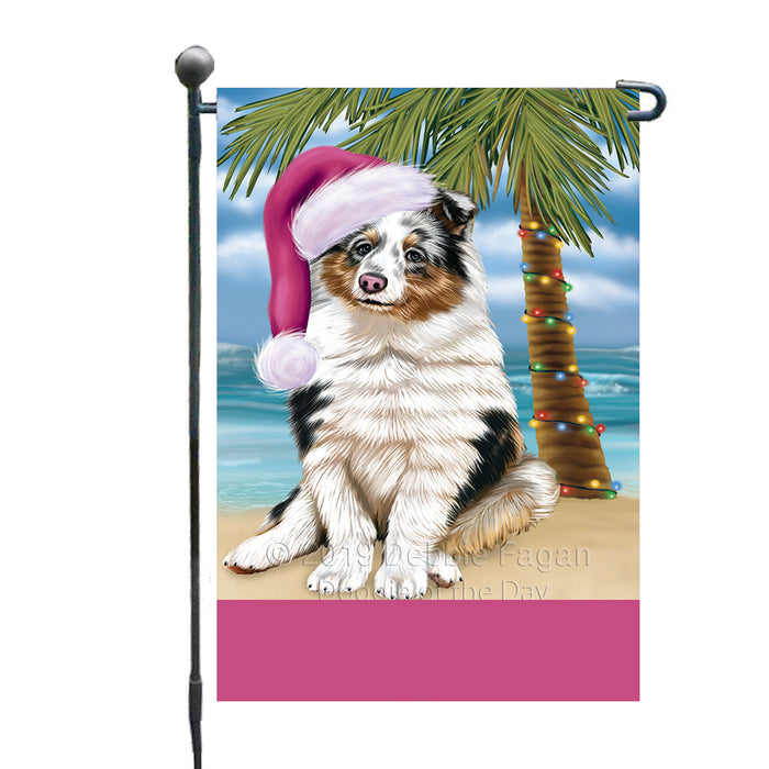 Personalized Summertime Happy Holidays Christmas Shetland Sheepdog on Tropical Island Beach  Custom Garden Flags GFLG-DOTD-A60538