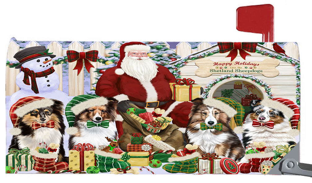 Happy Holidays Christmas Shetland Sheepdogs House Gathering 6.5 x 19 Inches Magnetic Mailbox Cover Post Box Cover Wraps Garden Yard Décor MBC48844