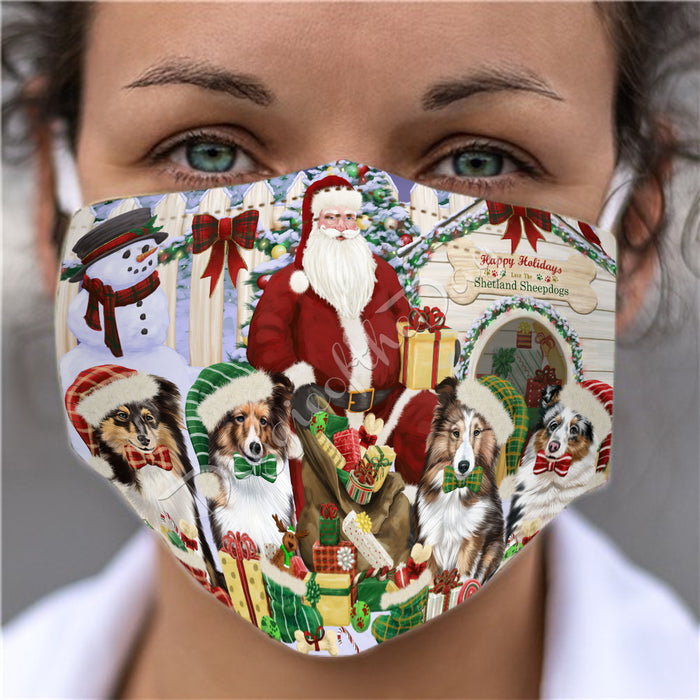 Happy Holidays Christmas Shetland Sheepdogs House Gathering Face Mask FM48280