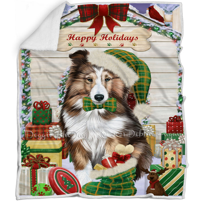 Happy Holidays Christmas Shetland Sheepdog House with Presents Blanket BLNKT80256