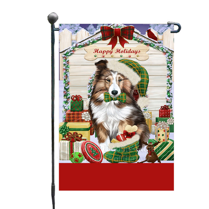 Personalized Happy Holidays Christmas Shetland Sheepdog House with Presents Custom Garden Flags GFLG-DOTD-A59374