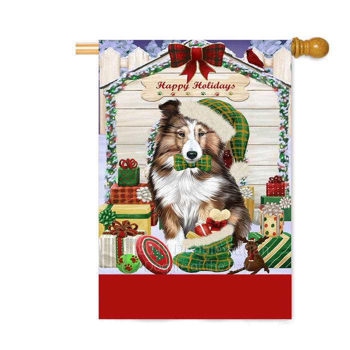 Personalized Happy Holidays Christmas Shetland Sheepdog House with Presents Custom House Flag FLG-DOTD-A59430