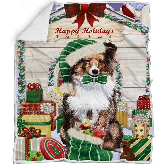 Happy Holidays Christmas Shetland Sheepdog House with Presents Blanket BLNKT80265