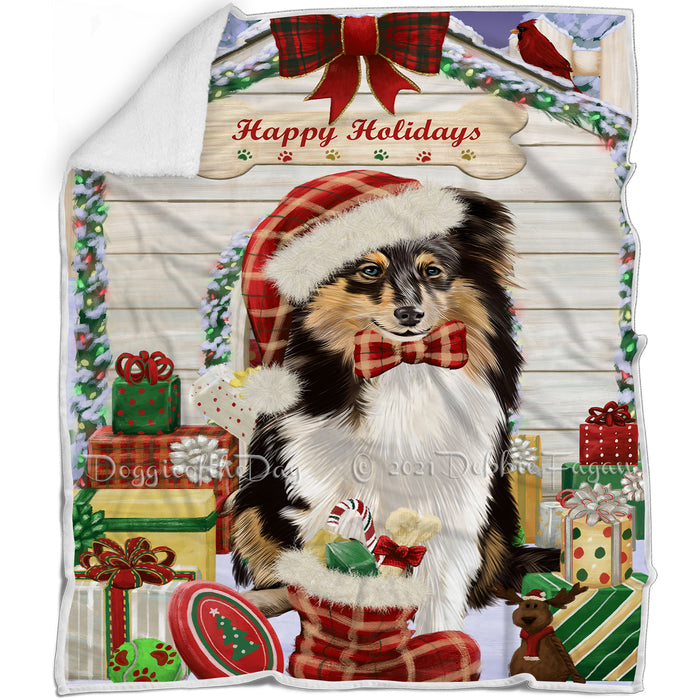 Happy Holidays Christmas Shetland Sheepdog House with Presents Blanket BLNKT80274