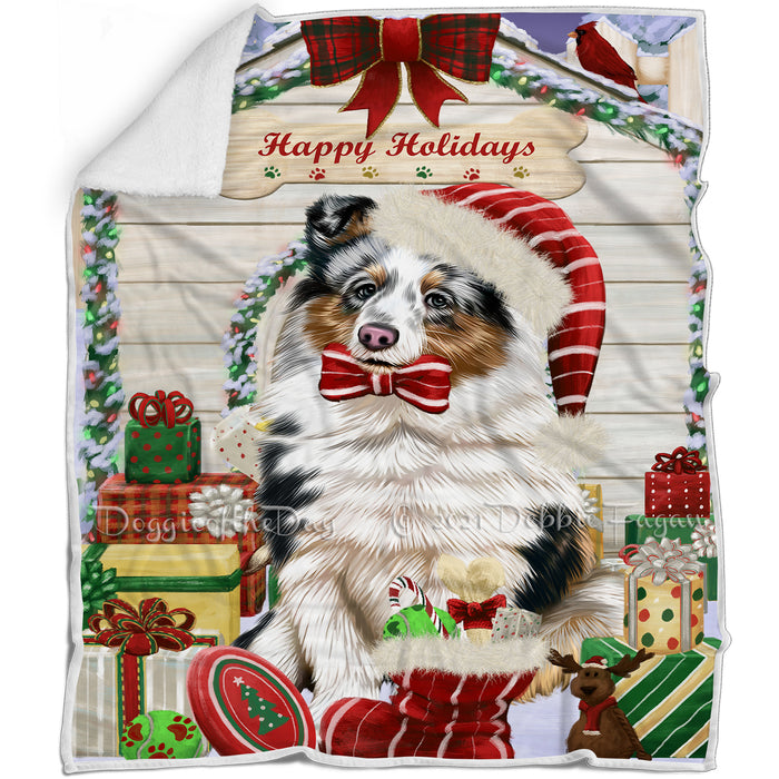 Happy Holidays Christmas Shetland Sheepdog House with Presents Blanket BLNKT80283