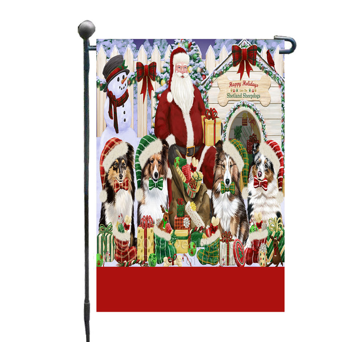 Personalized Happy Holidays Christmas Shetland SheepDogs House Gathering Custom Garden Flags GFLG-DOTD-A58555