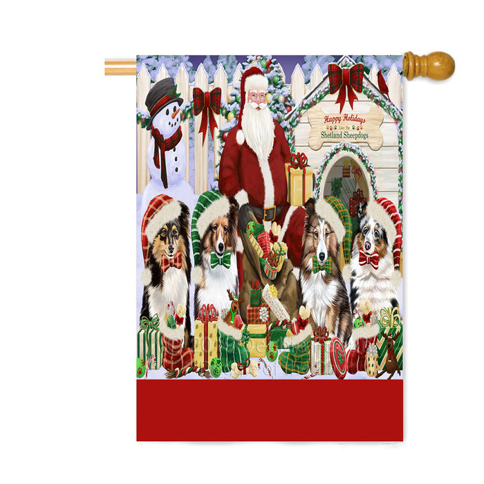 Personalized Happy Holidays Christmas Shetland SheepDogs House Gathering Custom House Flag FLG-DOTD-A58611
