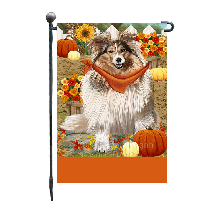 Personalized Fall Autumn Greeting Shetland Sheepdog with Pumpkins Custom Garden Flags GFLG-DOTD-A62045