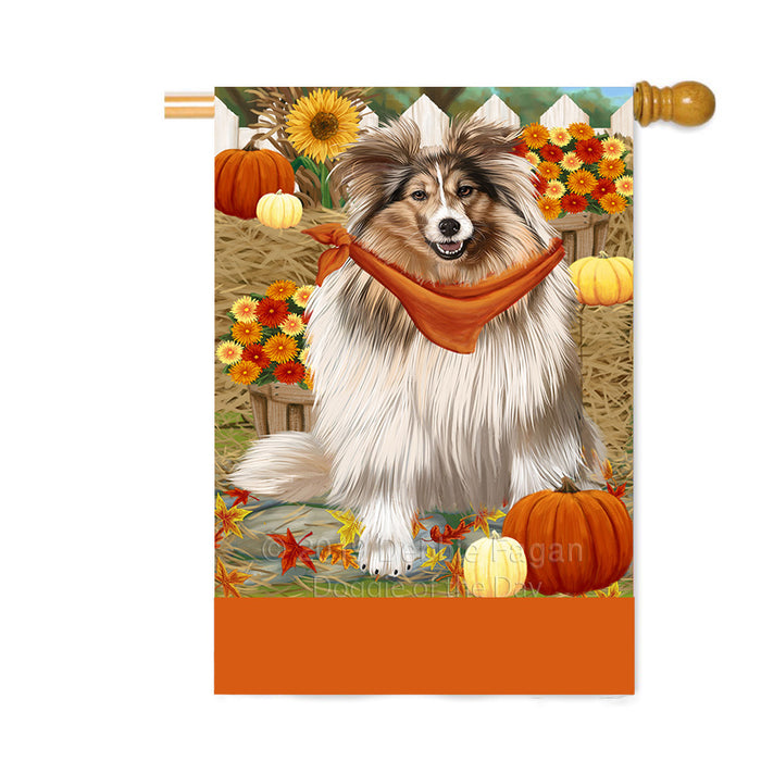 Personalized Fall Autumn Greeting Shetland Sheepdog with Pumpkins Custom House Flag FLG-DOTD-A62101