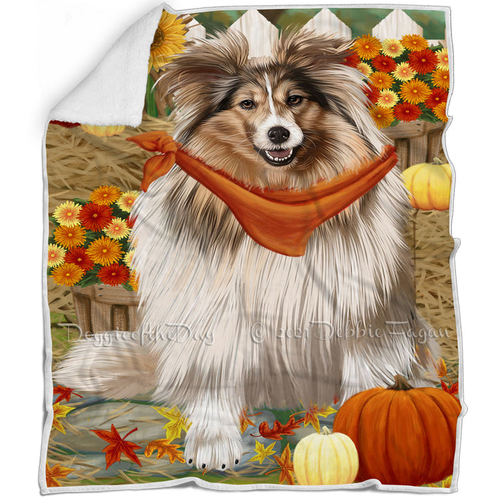 Fall Autumn Greeting Shetland Sheepdog with Pumpkins Blanket BLNKT73830