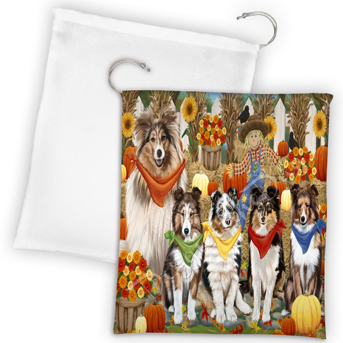 Fall Festive Harvest Time Gathering Shetland Sheepdogs Drawstring Laundry or Gift Bag LGB48436