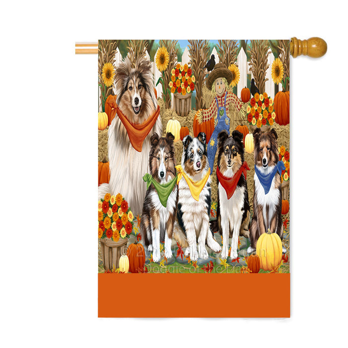 Personalized Fall Festive Gathering Shetland Sheepdogs with Pumpkins Custom House Flag FLG-DOTD-A62102