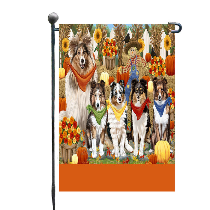 Personalized Fall Festive Gathering Shetland Sheepdogs with Pumpkins Custom Garden Flags GFLG-DOTD-A62046