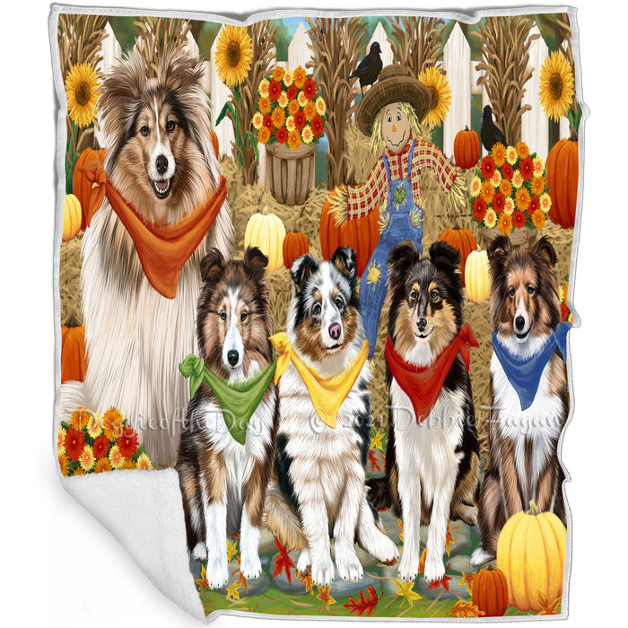 Fall Festive Gathering Shetland Sheepdogs with Pumpkins Blanket BLNKT73317