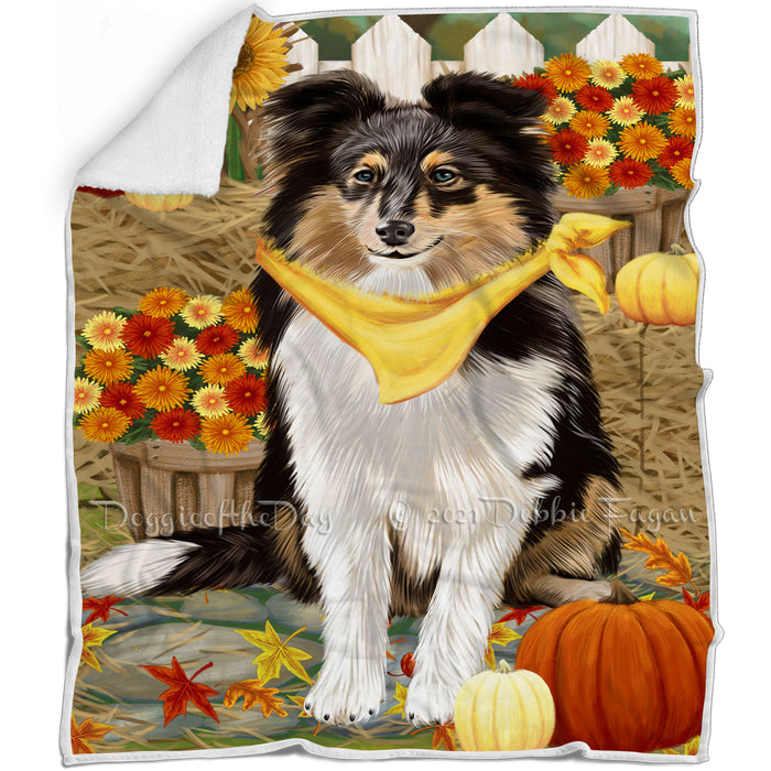 Fall Autumn Greeting Shetland Sheepdog with Pumpkins Blanket BLNKT73839