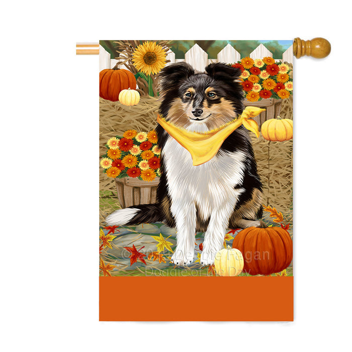 Personalized Fall Autumn Greeting Shetland Sheepdog with Pumpkins Custom House Flag FLG-DOTD-A62103