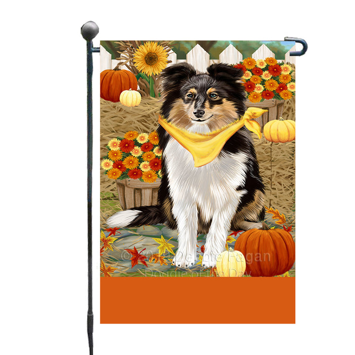 Personalized Fall Autumn Greeting Shetland Sheepdog with Pumpkins Custom Garden Flags GFLG-DOTD-A62047