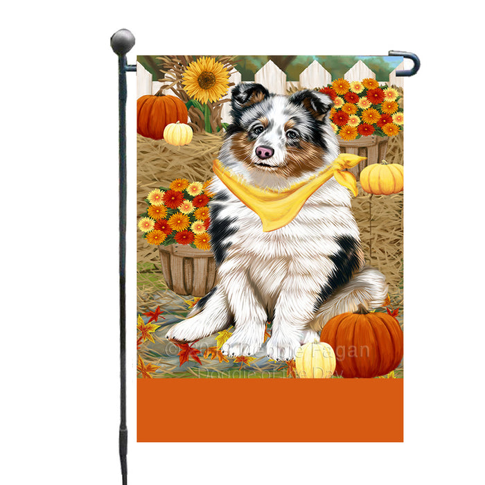 Personalized Fall Autumn Greeting Shetland Sheepdog with Pumpkins Custom Garden Flags GFLG-DOTD-A62048