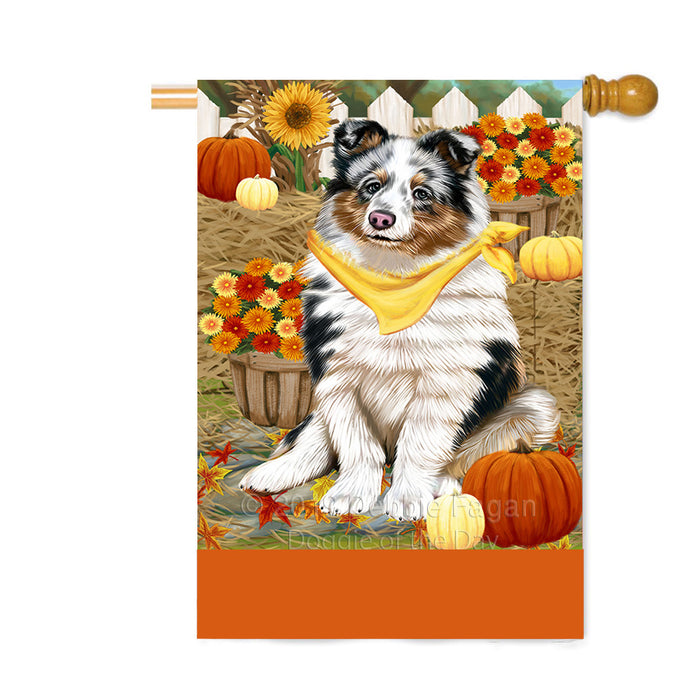 Personalized Fall Autumn Greeting Shetland Sheepdog with Pumpkins Custom House Flag FLG-DOTD-A62104