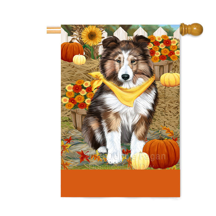 Personalized Fall Autumn Greeting Shetland Sheepdog with Pumpkins Custom House Flag FLG-DOTD-A62105