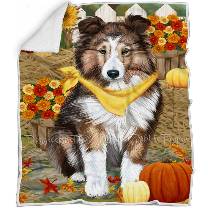 Fall Autumn Greeting Shetland Sheepdog with Pumpkins Blanket BLNKT73857