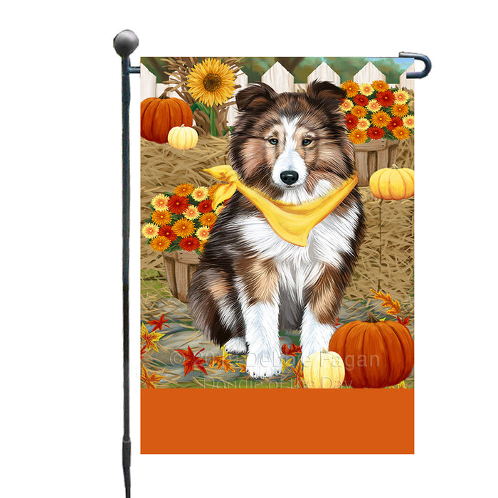 Personalized Fall Autumn Greeting Shetland Sheepdog with Pumpkins Custom Garden Flags GFLG-DOTD-A62049