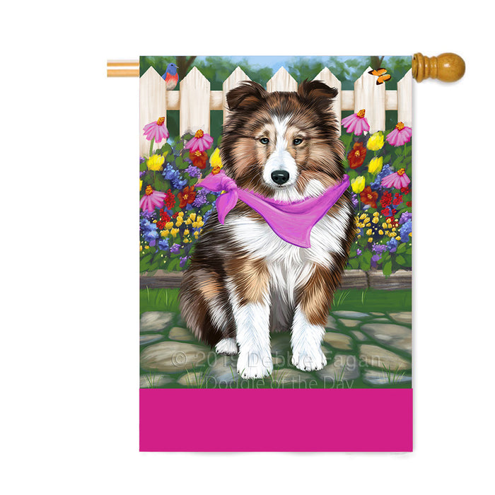 Personalized Spring Floral Shetland Sheepdog Custom House Flag FLG-DOTD-A63048