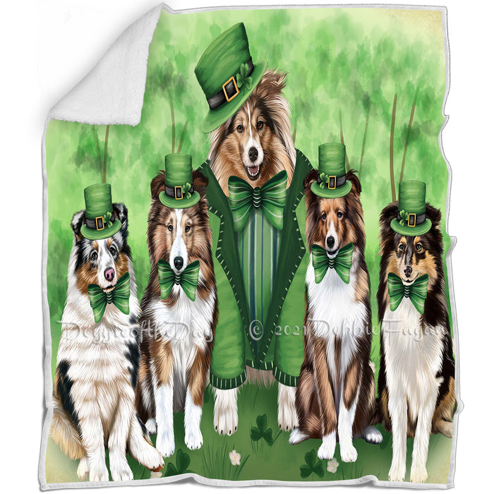 St. Patricks Day Irish Family Portrait Shetland Sheepdogs Dog Blanket BLNKT59034