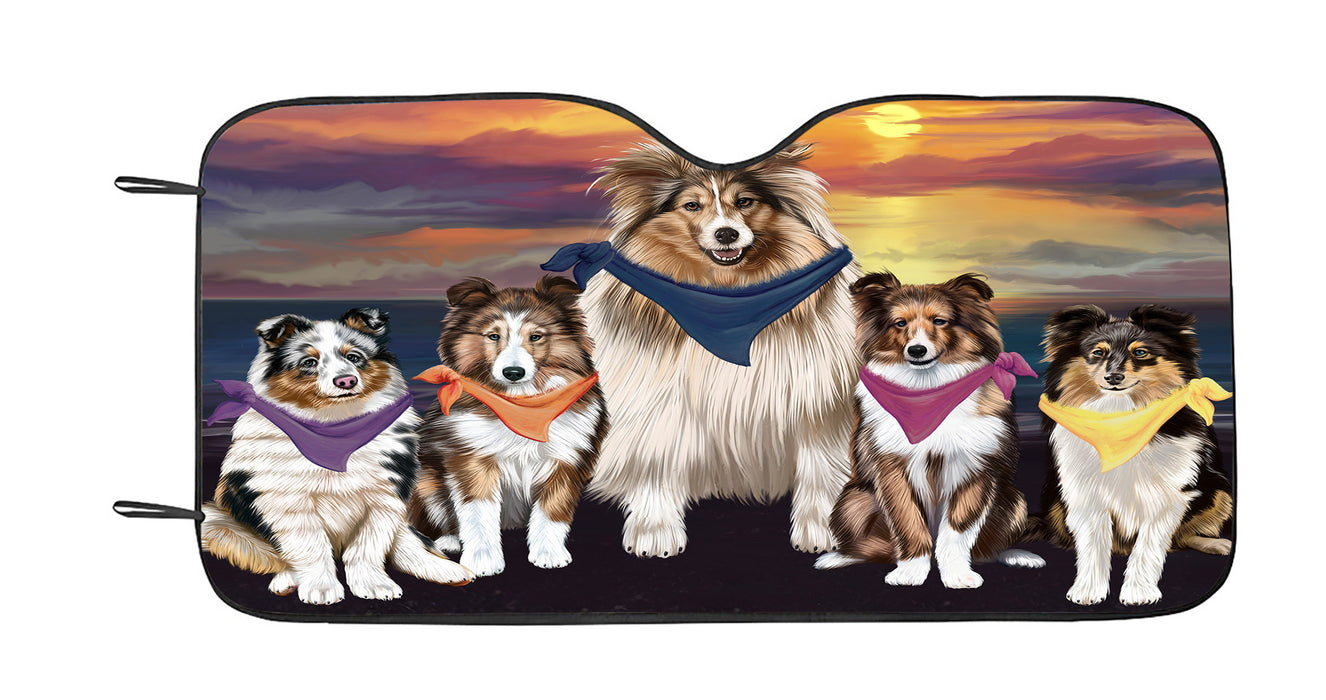 Family Sunset Portrait Shetland Sheepdogs Car Sun Shade