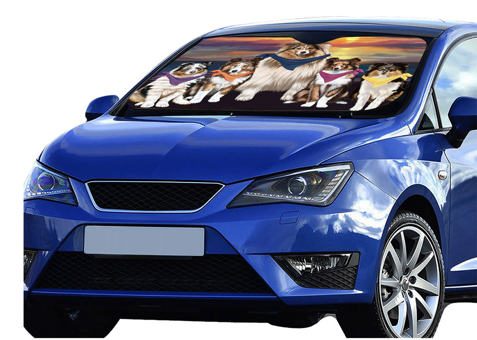 Family Sunset Portrait Shetland Sheepdogs Car Sun Shade