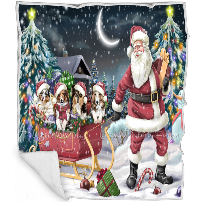 Merry Christmas Happy Holiday Santa Sled Shetland Sheepdogs Dog Blanket D104