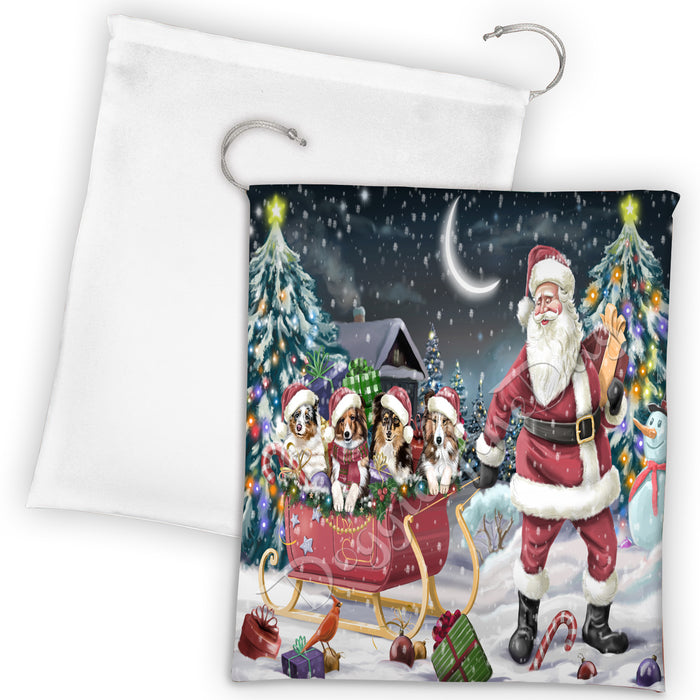 Santa Sled Dogs Christmas Happy Holidays Shetland Sheepdogs Drawstring Laundry or Gift Bag LGB48736