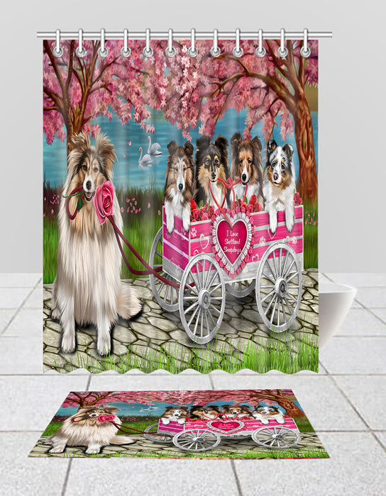 I Love Shetland Sheepdog in a Cart Bath Mat and Shower Curtain Combo