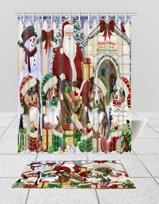 Happy Holidays Christmas Shetland Sheepdogs House Gathering Bath Mat and Shower Curtain Combo