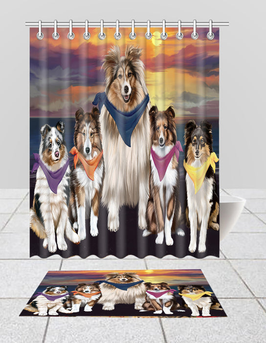 Family Sunset Portrait Shetland Sheep dogs Bath Mat and Shower Curtain Combo