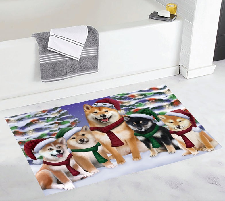 Shiba Inu Dogs Christmas Family Portrait in Holiday Scenic Background Bath Mat