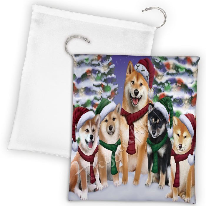 Shiba Inu Dogs Christmas Family Portrait in Holiday Scenic Background Drawstring Laundry or Gift Bag LGB48175