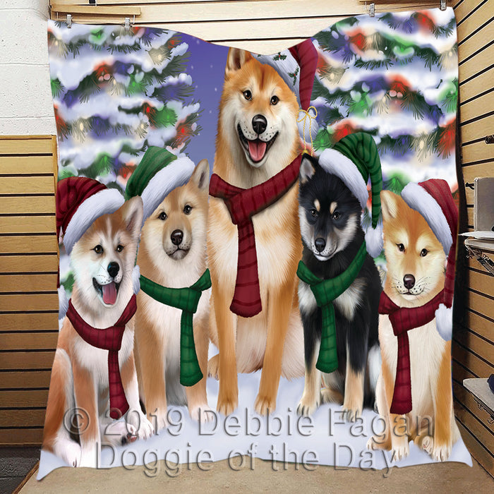 Shiba Inu Dogs Christmas Family Portrait in Holiday Scenic Background Quilt