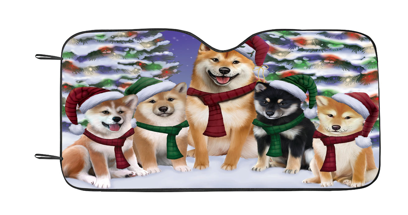 Shiba Inu Dogs Christmas Family Portrait in Holiday Scenic Background Car Sun Shade